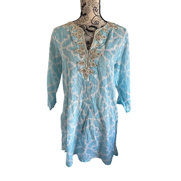 ROBERTA ROLLER RABBIT Blue Gold Scroll Detail Tunic Blouse Size Small - Picture 1 of 6